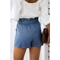 Sky Blue Palm Leaves Print Belted Paperbag Waist Denim Shorts